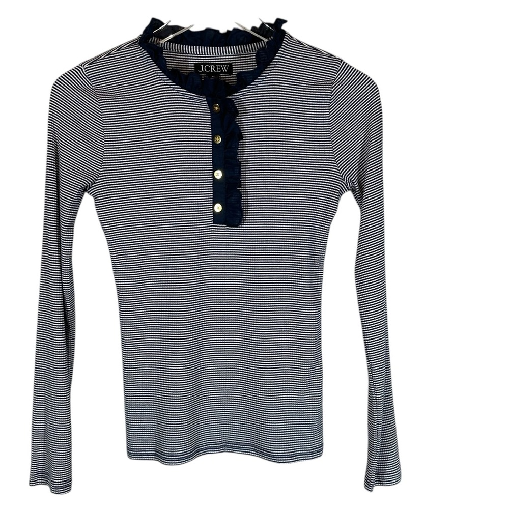 J.CREW Women's XS Navy & White Striped Ruffle collar Henley Long Sleeve Shirt